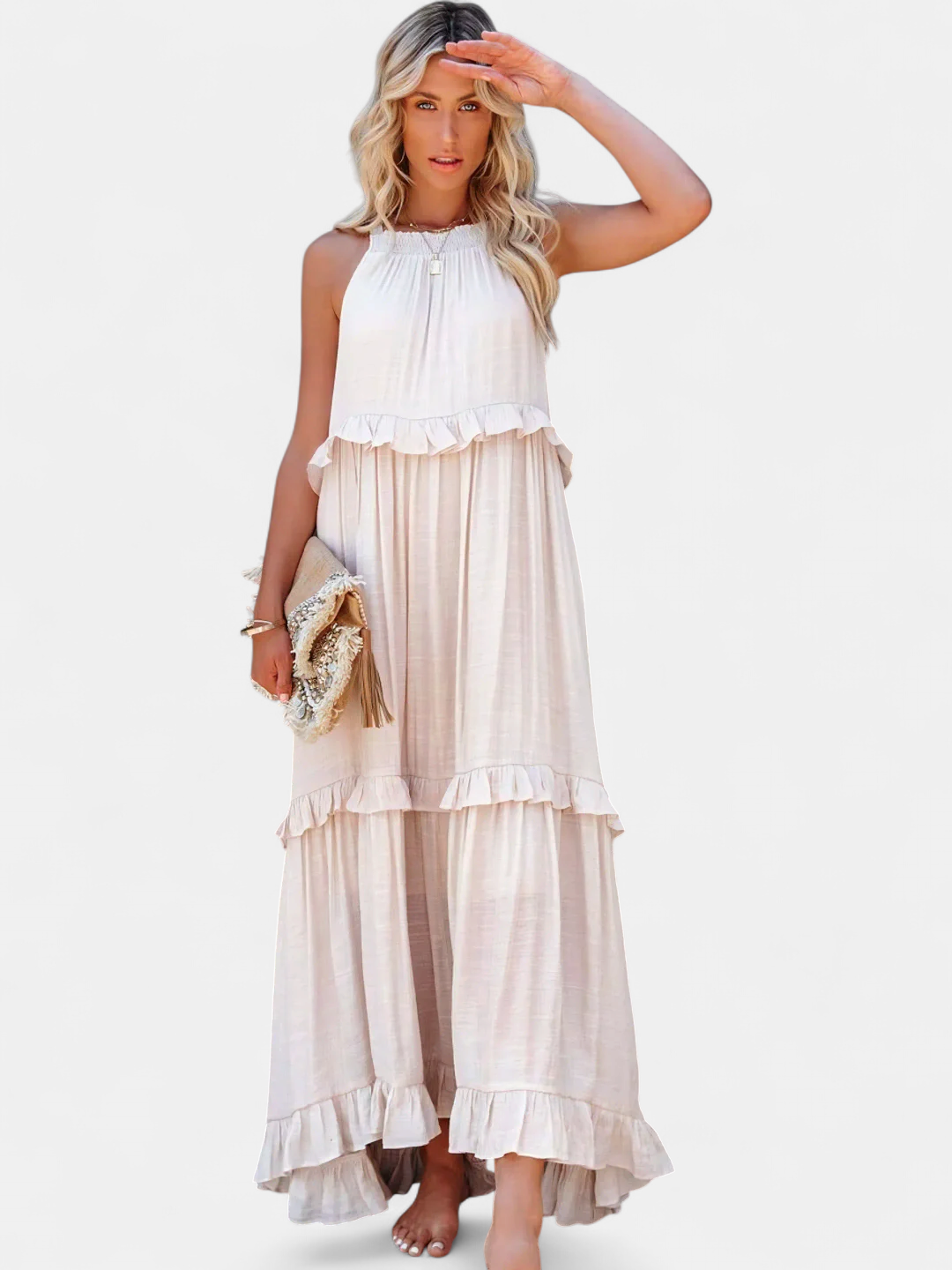 Women's Ruffle Halter Maxi Dress, Tiered Skirt Keyhole Tie Back
