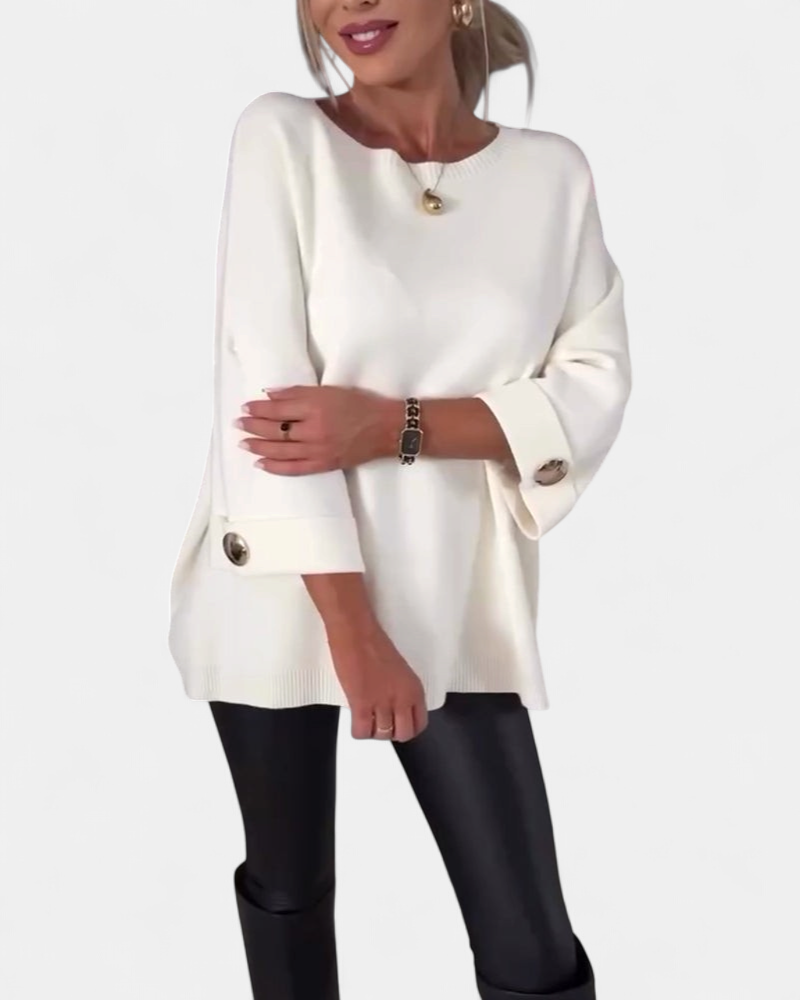 Women's Boat Neck Oversized Sweater, Button Cuffs Side Split Hem