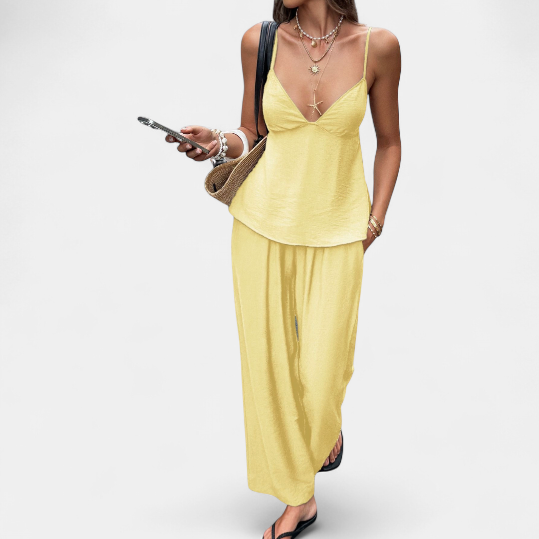 Women's Matching Set, Deep V Neck Spaghetti Strap Wide Leg