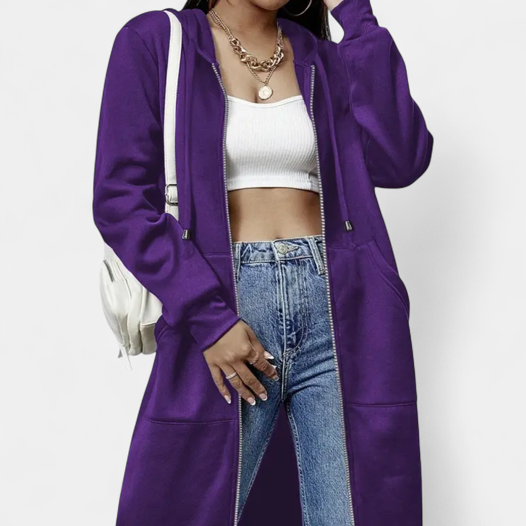 Women's Long Oversized Zip Up Hoodie, Drawstring Hood Pockets