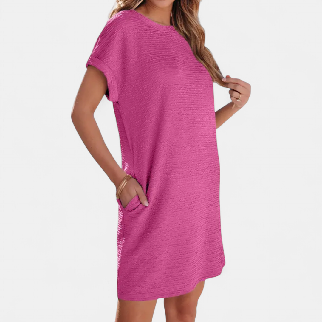 Women's Casual Shift Mini Dress, Crew Neck Cuffed Sleeves Pockets