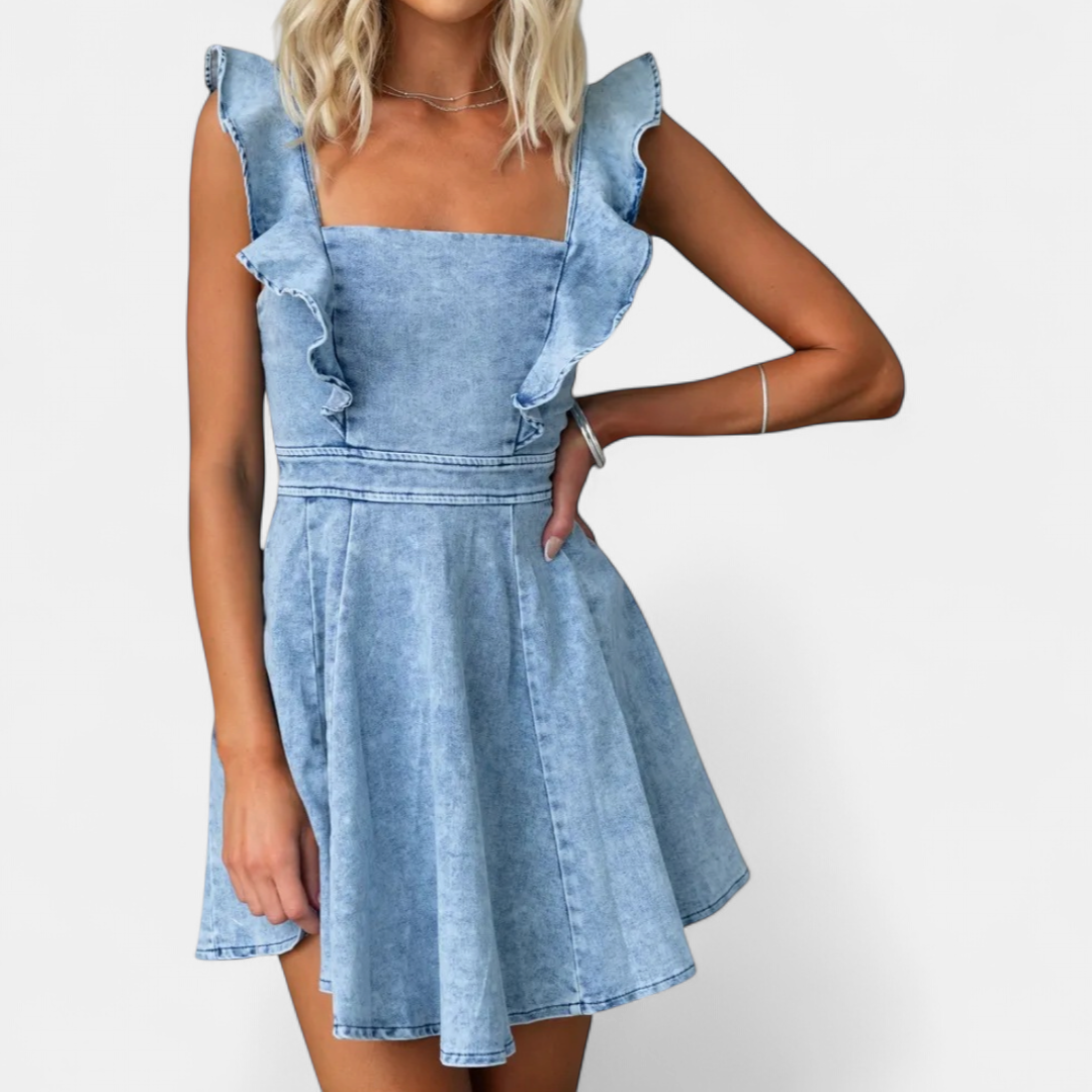 Women's Denim Mini Dress, Square Neck Ruffle Straps Flared Skirt