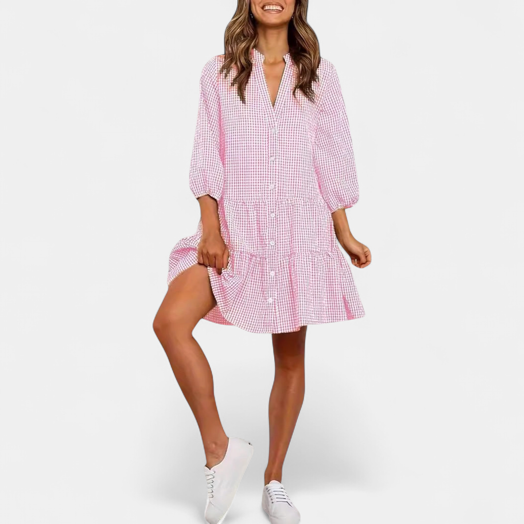 Women's Tiered Gingham Mini Dress, Button Front Puff Sleeves