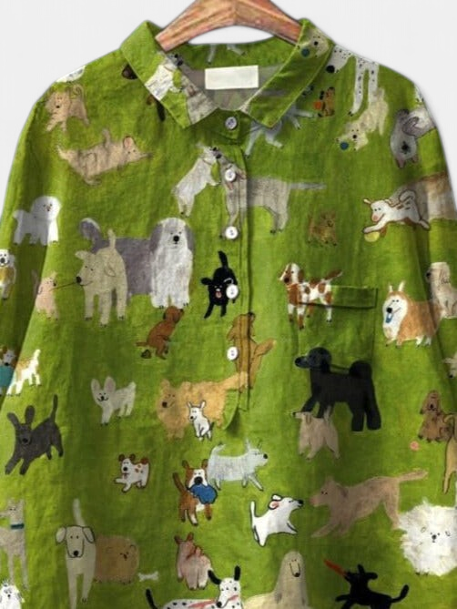 Women's Oversized Linen Shirt, Dog Print Collared Patch Pocket