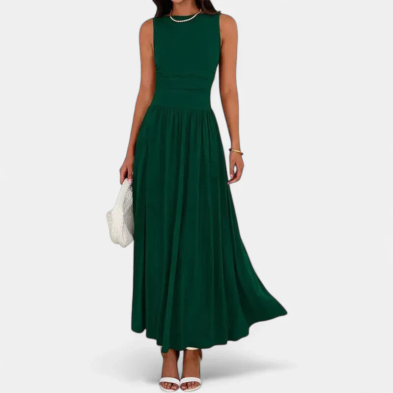 Women's Sleeveless Ruched Maxi Dress, Crew Neck Full Gathered Skirt