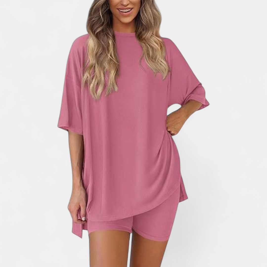 Women's Knit Matching Set, Oversized Drop Shoulder Curved Split Hem