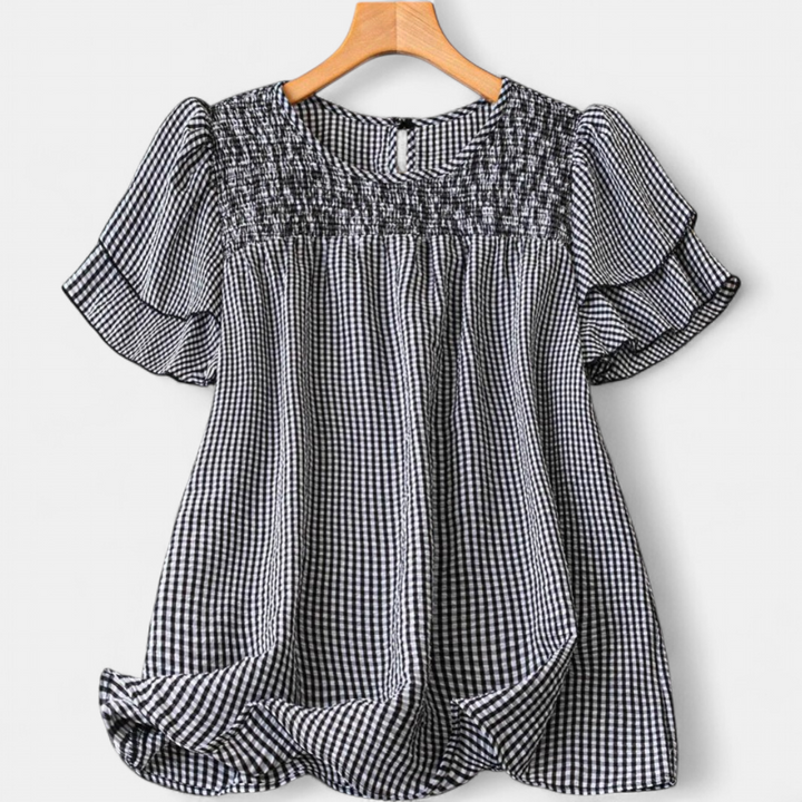 KRISTEL | Vintage Flowy Checkered Puff Sleeve Blouse
