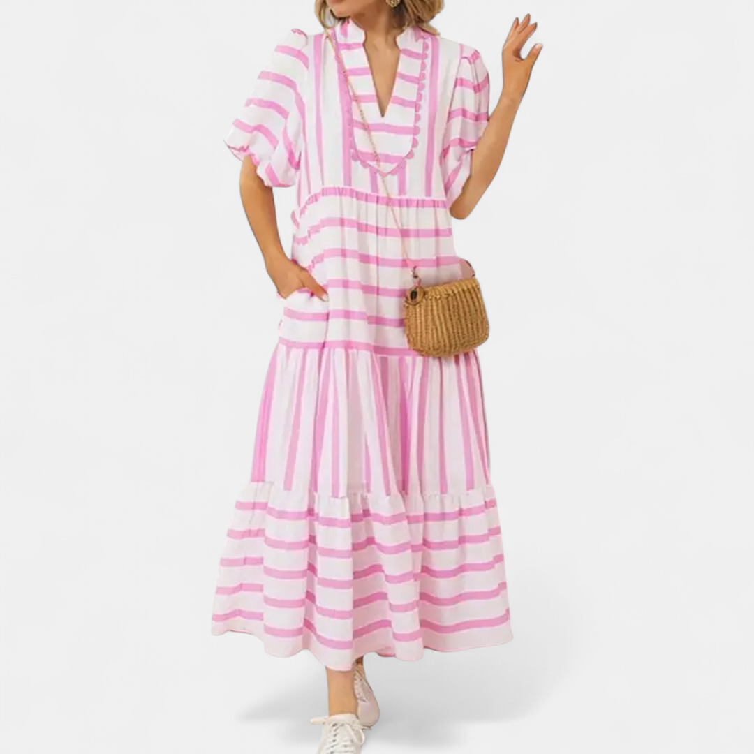 Women's V Neck Puff Sleeve Maxi Dress, Striped Tiered Pockets
