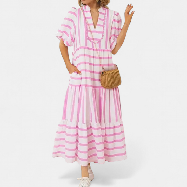 MARINA | Striped Ricrac Trim Flowy Dress