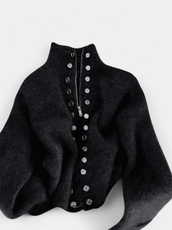 MILANA | Stylish Knitted High Neck Cardigan with Faux Button Accents