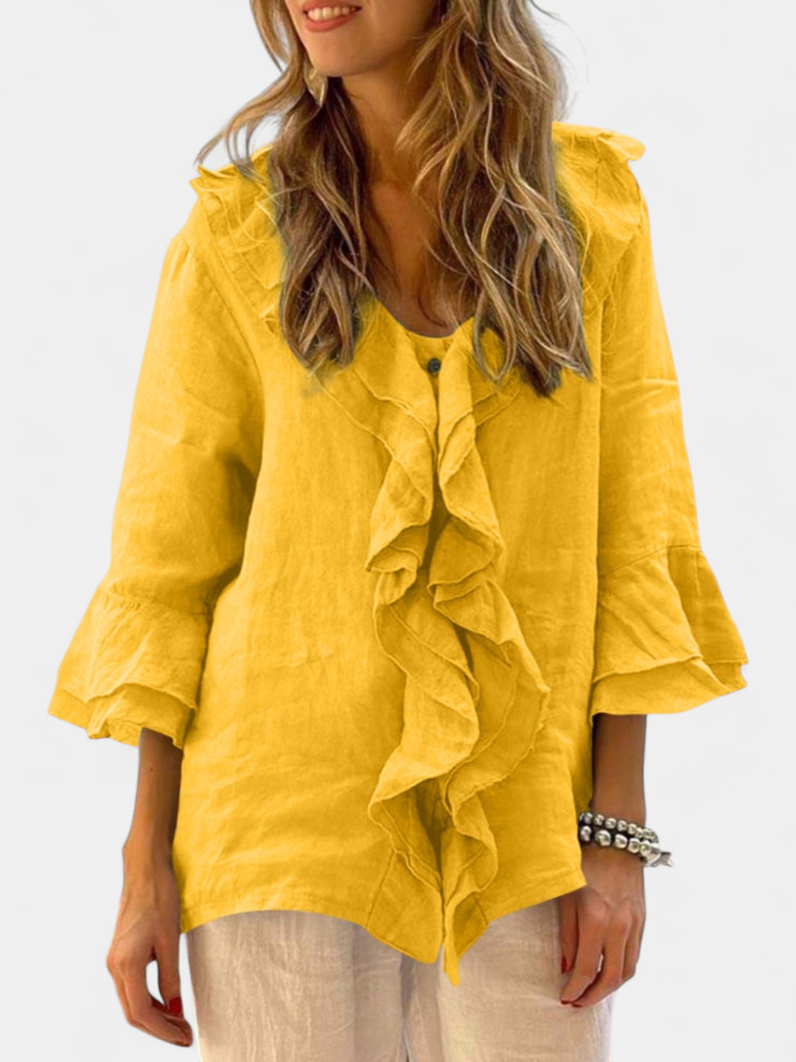 Women's Linen Ruffle Blouse, Bell Sleeves Scoop Neck Asymmetric Hem