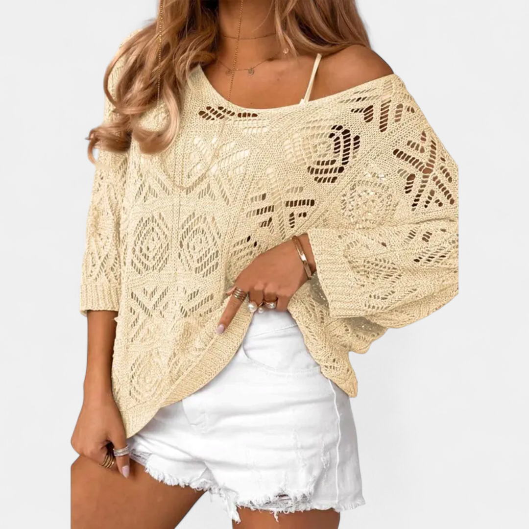 Women's Knit Off The Shoulder Sweater, Batwing Sleeve Openwork