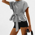 Women's Short Sleeve Crewneck Sweatshirt, Self Tie Belted Waist