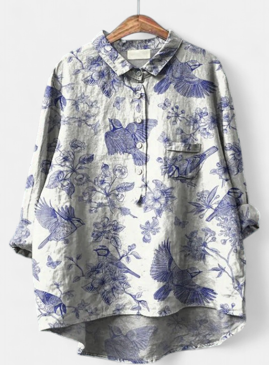 Women's Collared Oversized Linen Shirt, Floral Print Patch Pocket