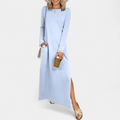 Women's Casual Long Sleeve Maxi Dress, Crew Neck Pockets Side Split
