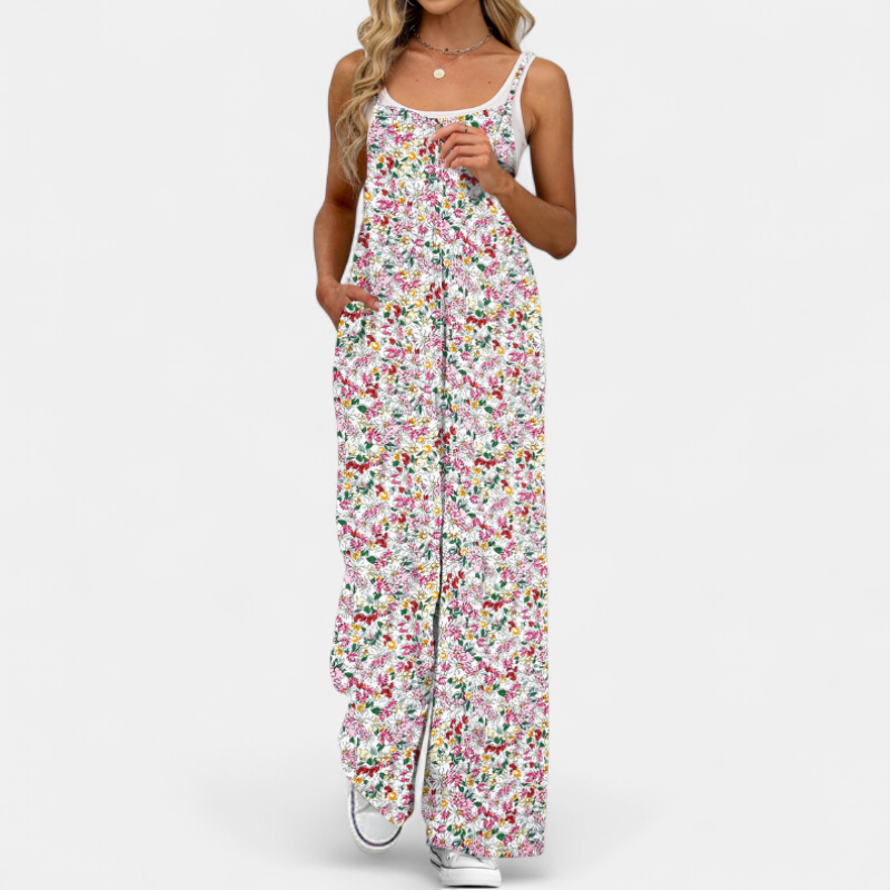 Women's Sleeveless Floral Wide Leg Jumpsuit, Strappy Side Pockets