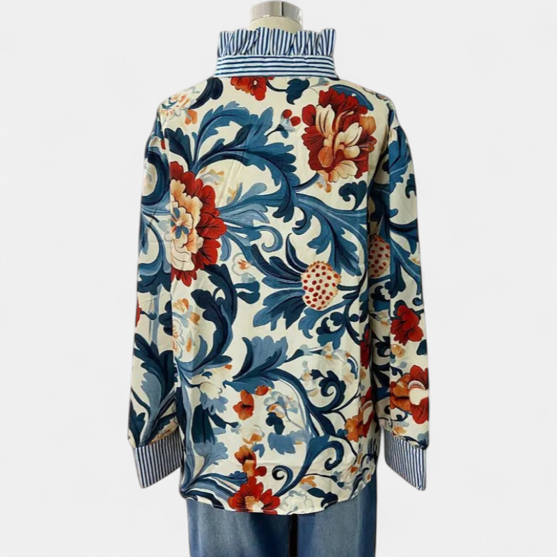 Women's Collared Floral Long Sleeve Blouse, Striped Cuffs Curved Hem
