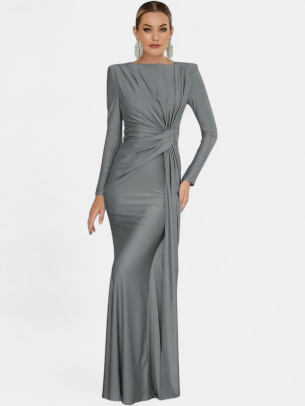 JOSALIE | Elegant Ruched Bodycon Dress with Padded Shoulders & Long Sleeve