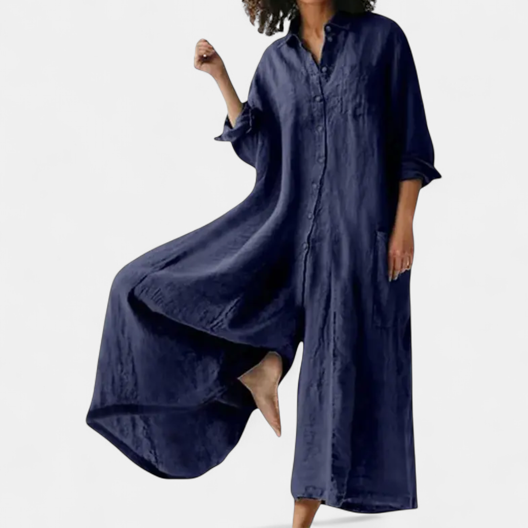 Women's Linen Wide Leg Long Sleeve Jumpsuit, Button Front Collar