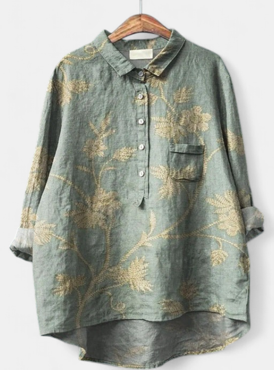 Women's Collared Oversized Linen Shirt, Floral Print Patch Pocket