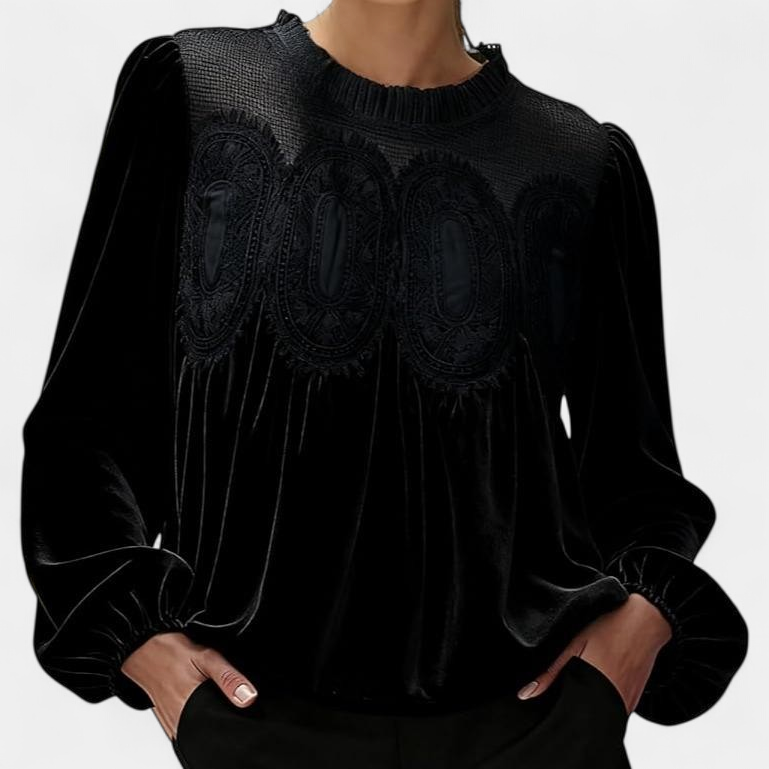 Women's Velvet Lace Long Sleeve Blouse, Balloon Cuffs Smocked Neck