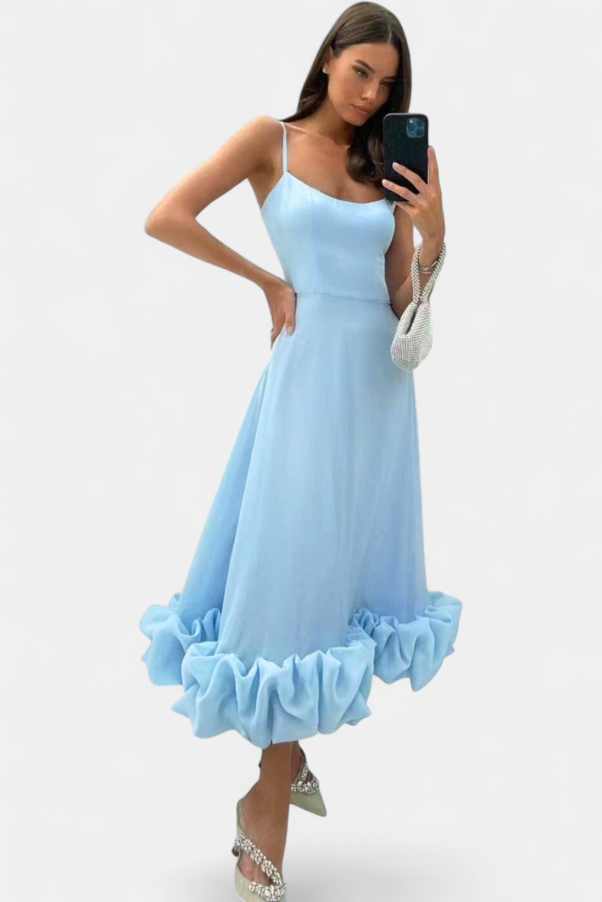 Women's Sleeveless A Line Midi Dress, Ruffle Hem Spaghetti Straps