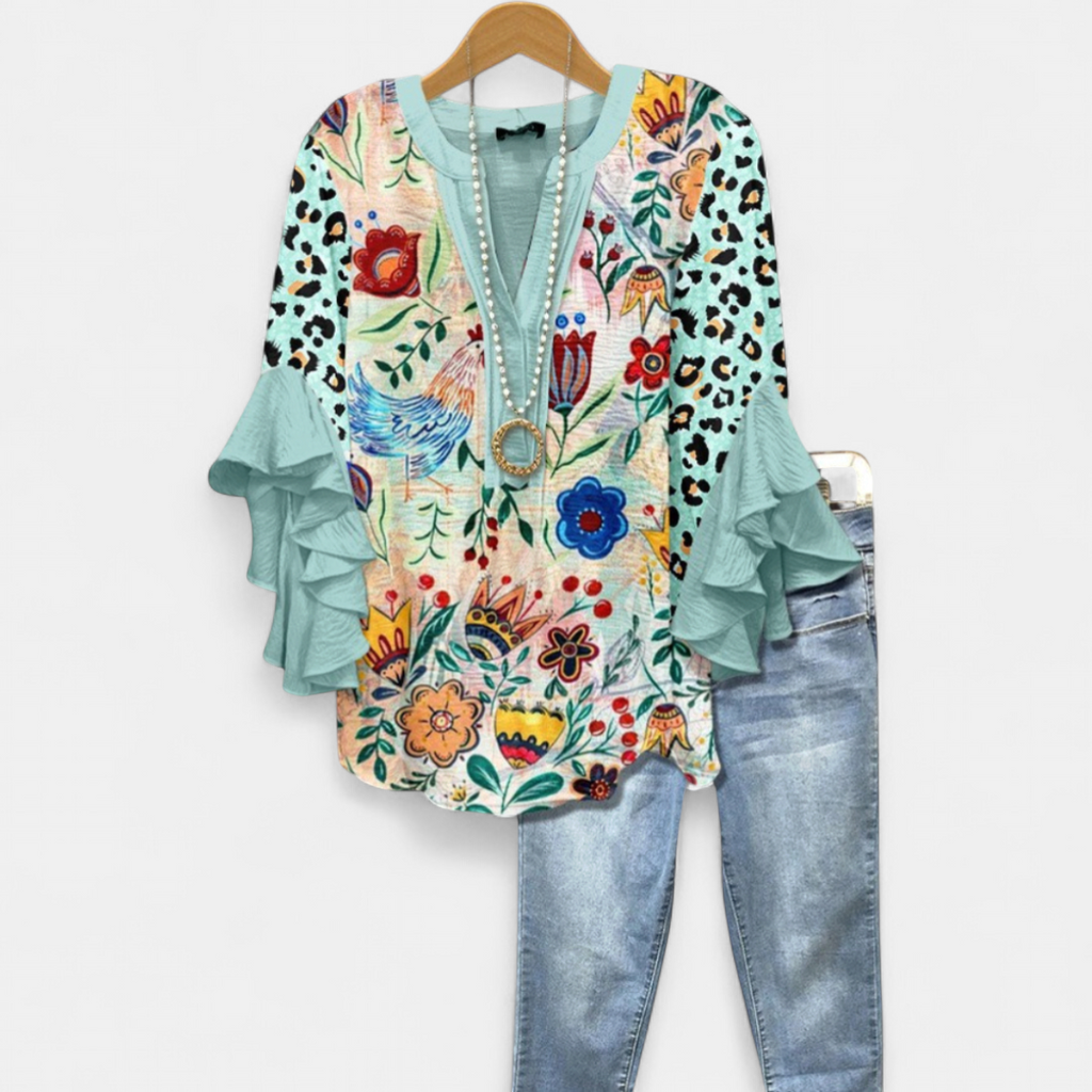 Women's V Neck Floral Ruffle Blouse, Leopard Trim Flared Sleeves