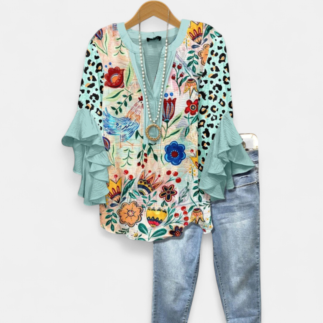 Women's V Neck Floral Ruffle Blouse, Leopard Trim Flared Sleeves