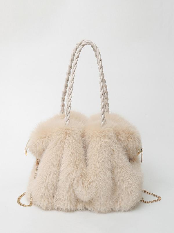 Women's Slouchy Tote Bag, Faux Fur Braided Handles Chain Strap