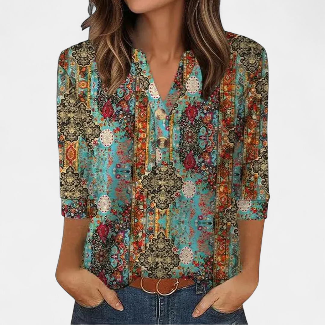 Women's Loose V Neck Blouse, Button Placket Cuffed Sleeves