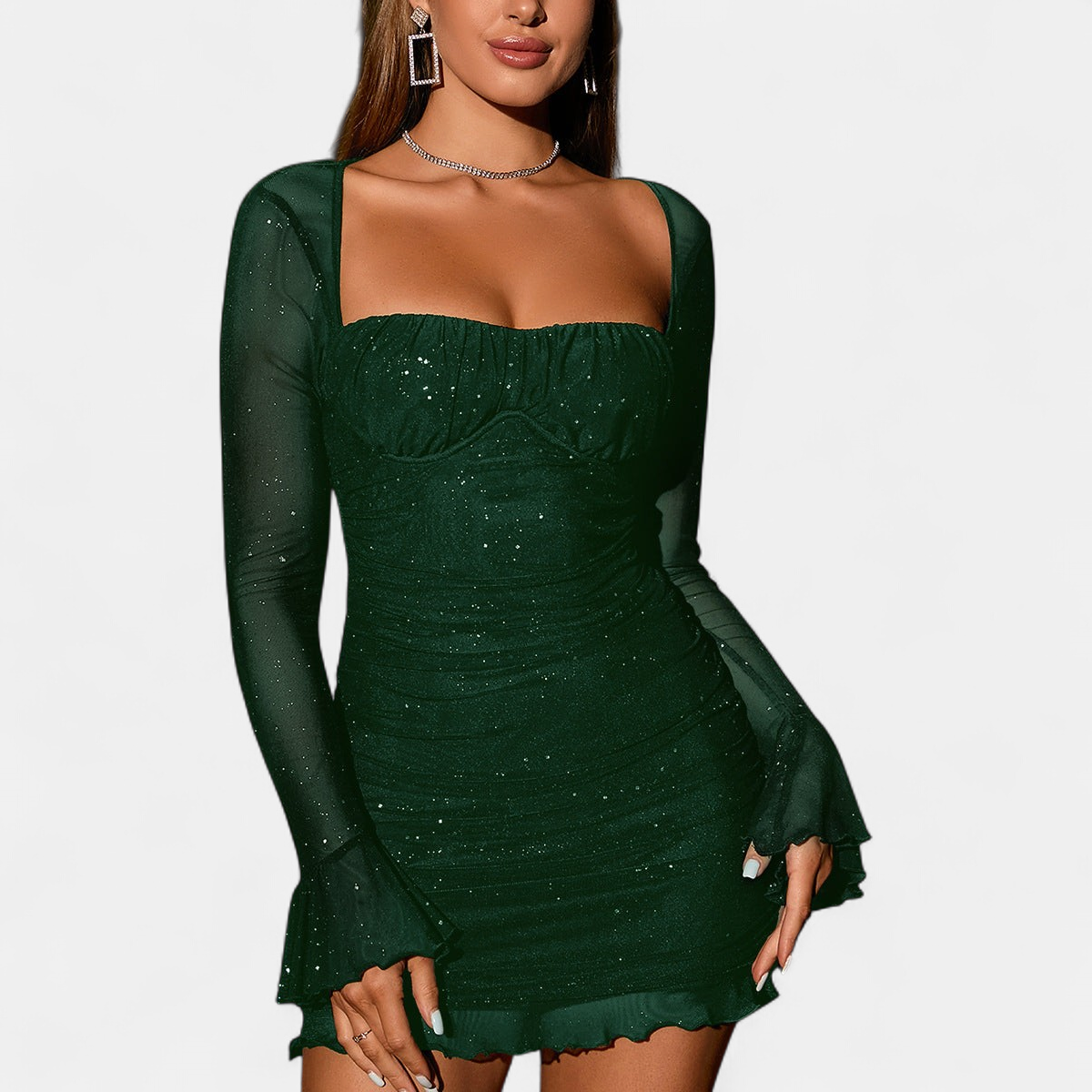 Women's Long Sleeve Bodycon Mini Dress, Glitter Mesh Square Neck
