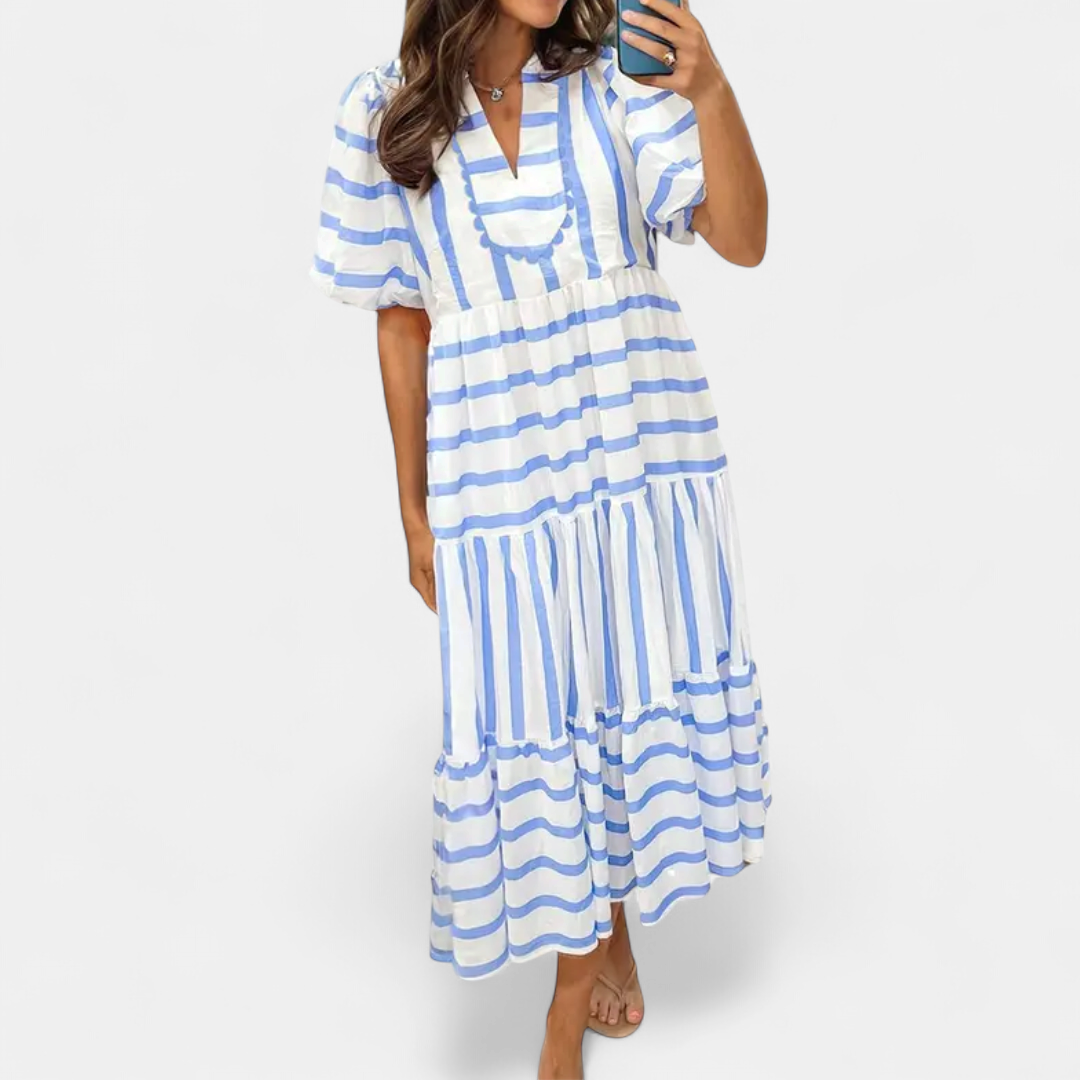 MARINA | Striped Ricrac Trim Flowy Dress