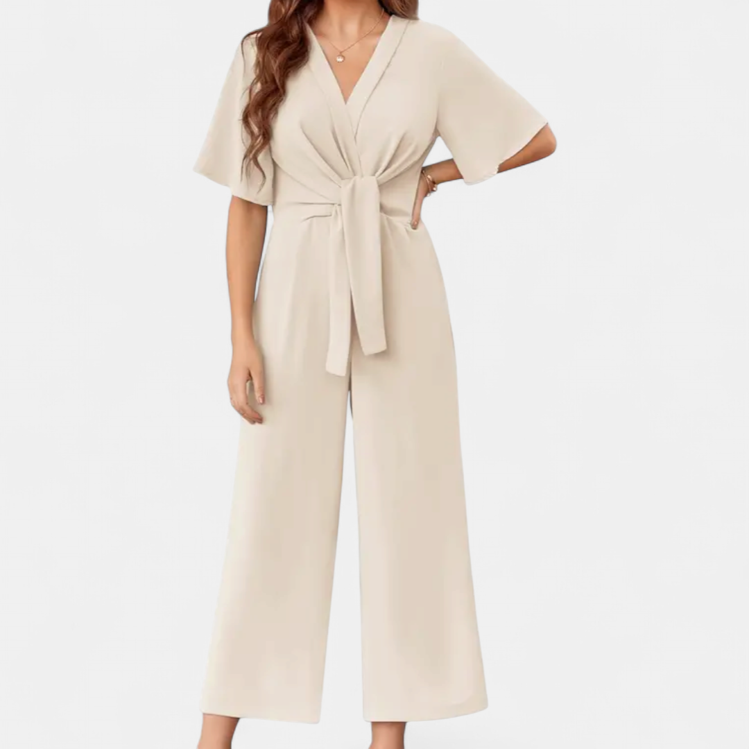 Women's V Neck Wide Leg Jumpsuit, Tie Waist Kimono Sleeves Cropped