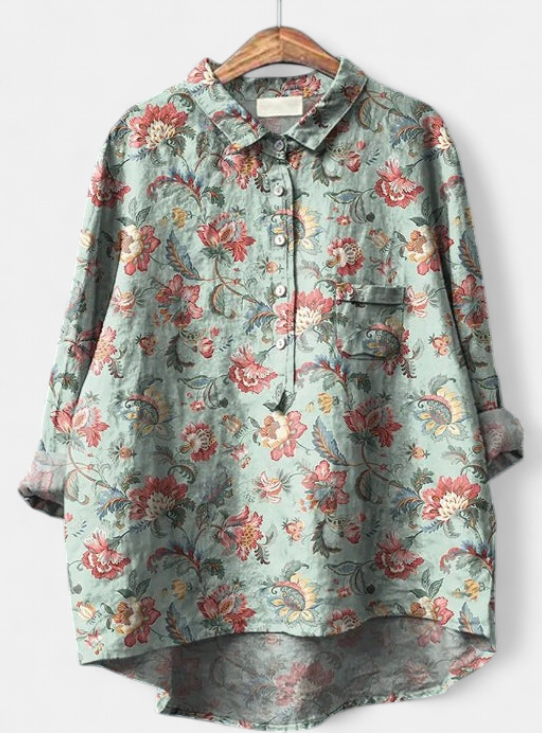 Women's Collared Oversized Linen Shirt, Floral Print Patch Pocket