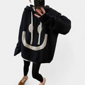 Women's Knit Oversized Hoodie, Smiley Face Drawstring Ribbed Hem