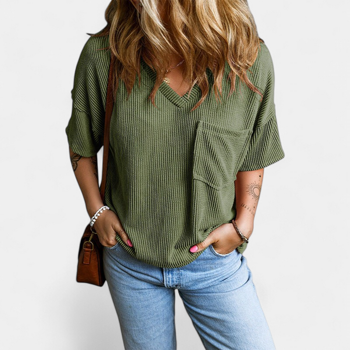 JANELLE | Casual Textured Pocket V-Neck Tee