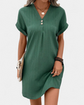 Women's Knit Shift Mini Dress, V Neck Short Sleeves Curved Hem