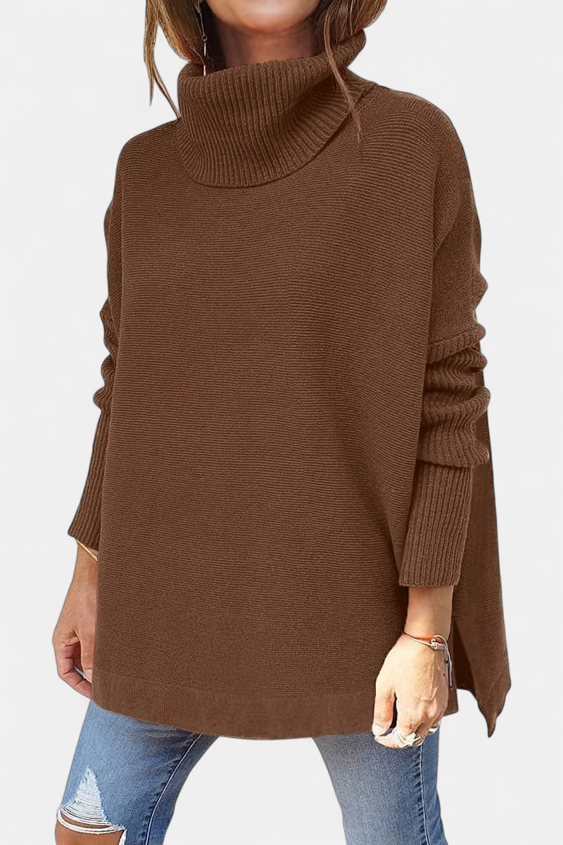 Women's Knit Turtleneck Sweater, Oversized Batwing Split Hem