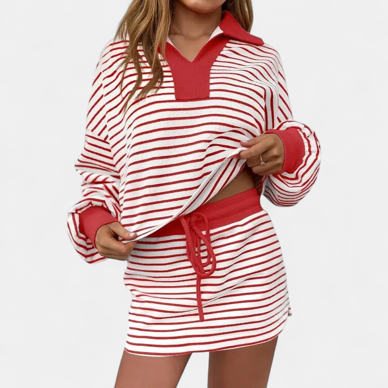 Women's Striped Polo Sweatshirt, Two Piece Set Drop Shoulder Cuffs