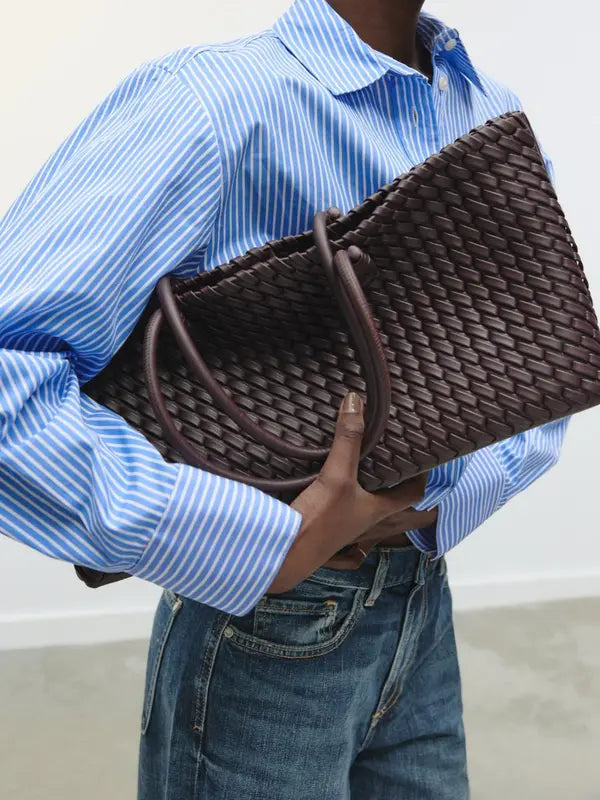 Women's Woven Tote Bag, Faux Leather Rolled Handles Open Top