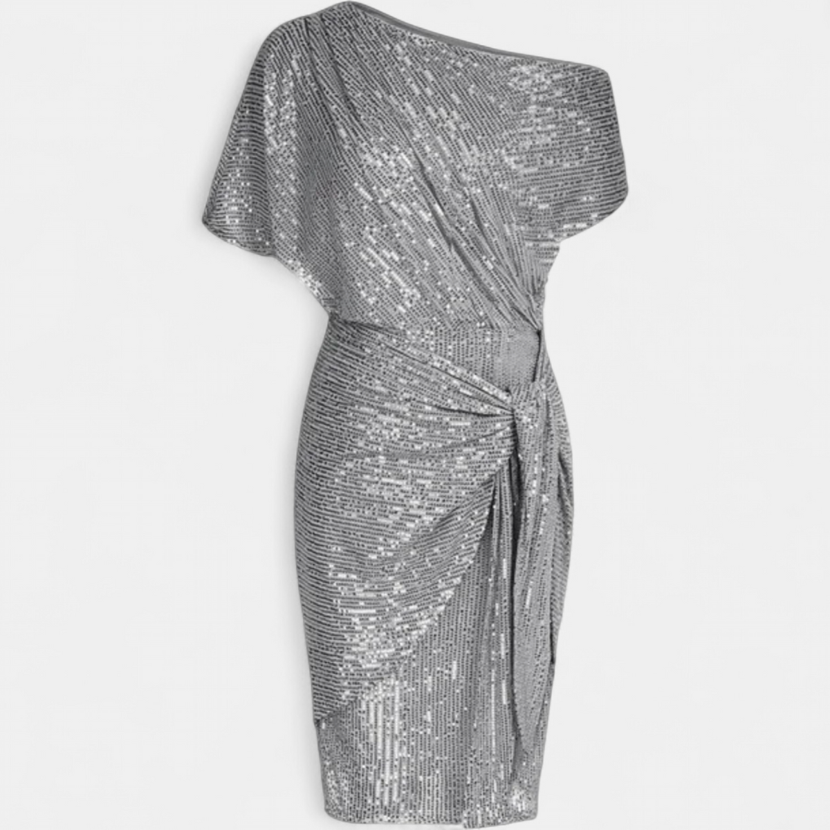Women's One Shoulder Sequin Dress, Knot Waist Short Sleeves Draped