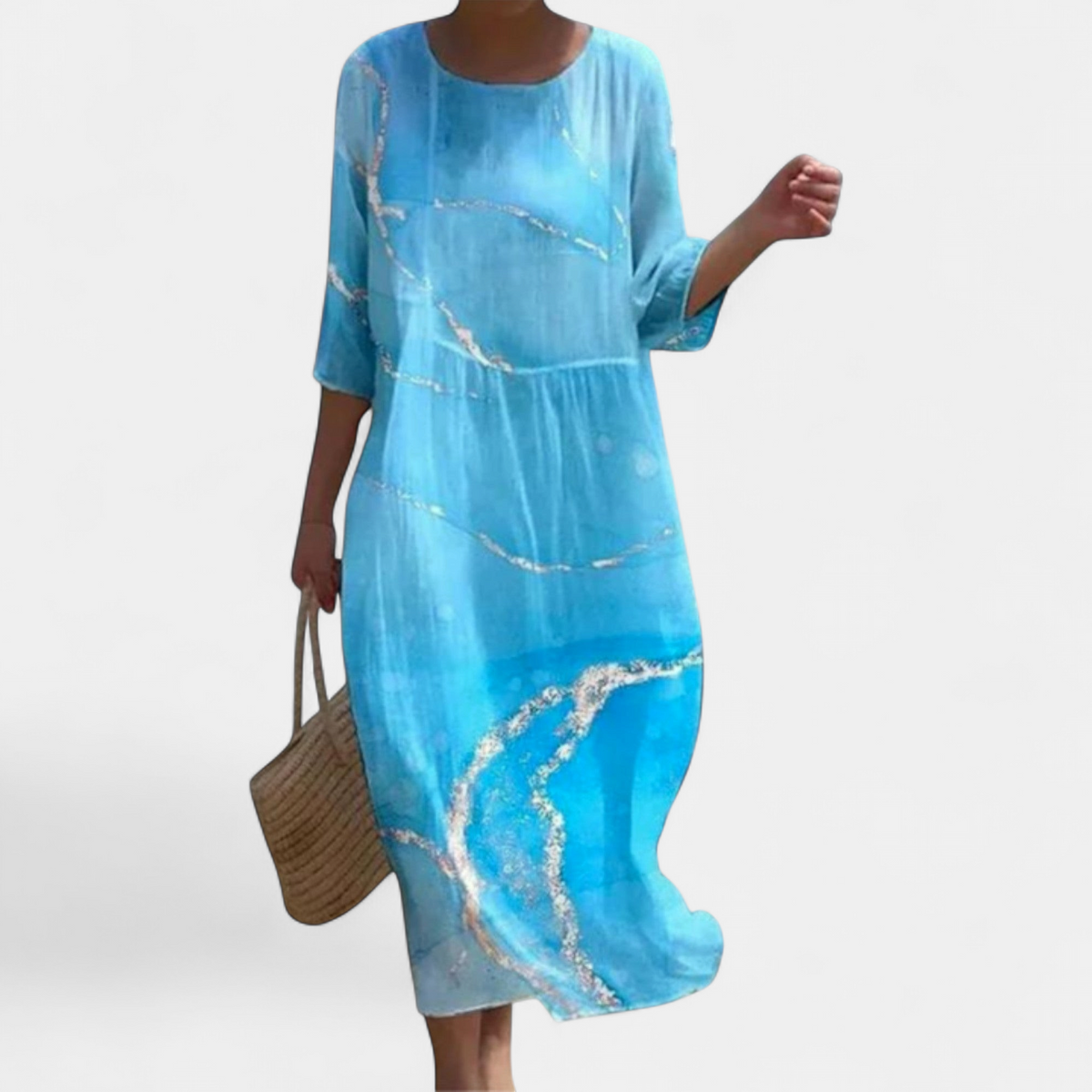 Women's Loose Printed Midi Dress, Round Neck Tiered Drop Waist