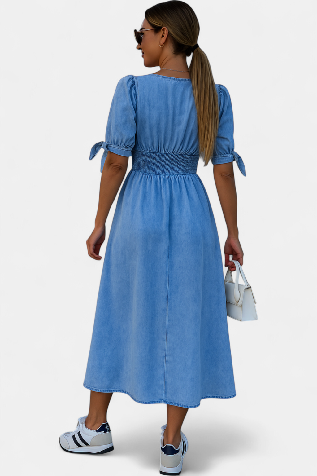 Women's Puff Sleeve Denim Midi Dress, V Neck Button Front Pockets