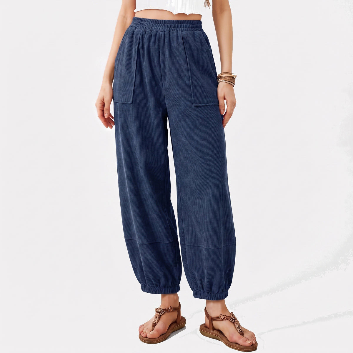Women's Ribbed Knit Barrel Pants, Elastic Waist Split Hem Pockets