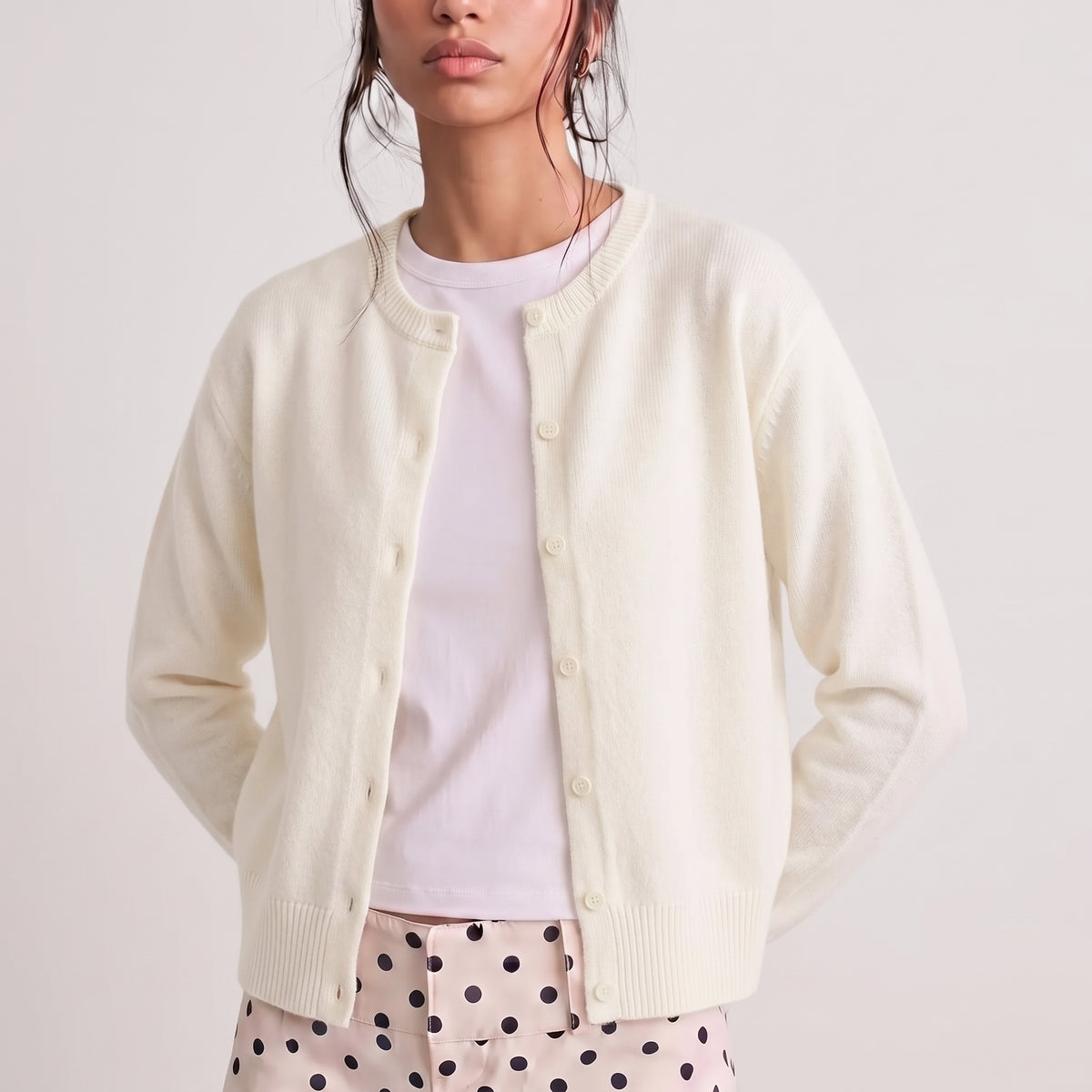 Women's Cropped Cardigan Sweater, Button Front Fine Knit Round Neck