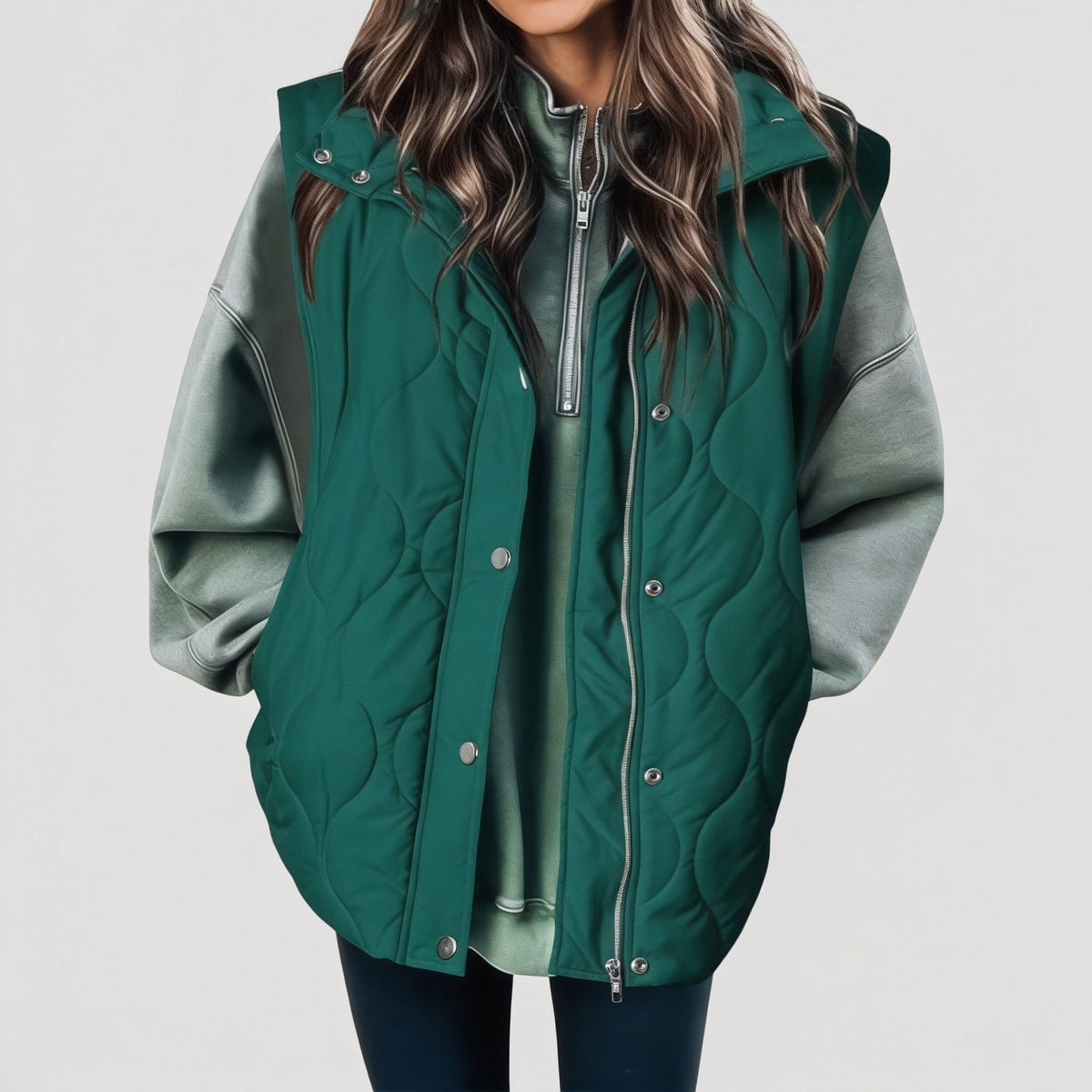Women's Oversized Hooded Quilted Vest, Zip Up Snap Front Stand Collar