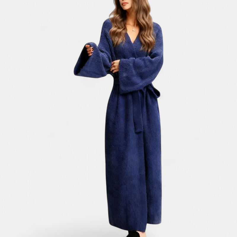 Women's Robe, Long Knit Wrap Front Belted Dropped Shoulder Pockets