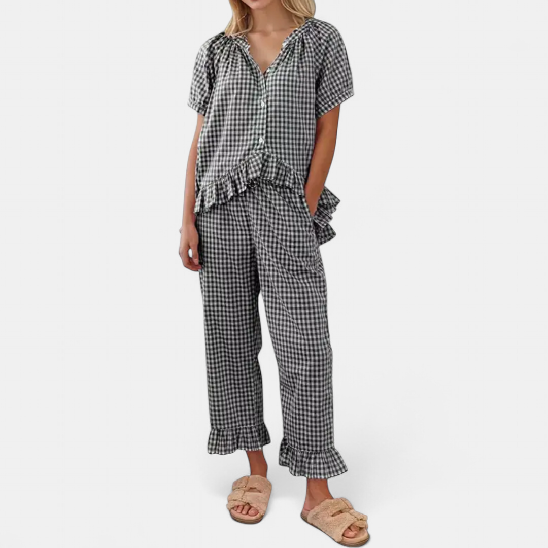 Women's Gingham Lounge Pajama Set, Button Front Ruffle Hem Pants