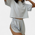 Women's Striped Lounge Pajama Set, Cropped Tee Curved Hem Shorts