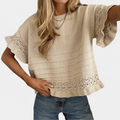 Women's Short Sleeve Cropped Sweater, Ruffle Hem Pointelle Knit
